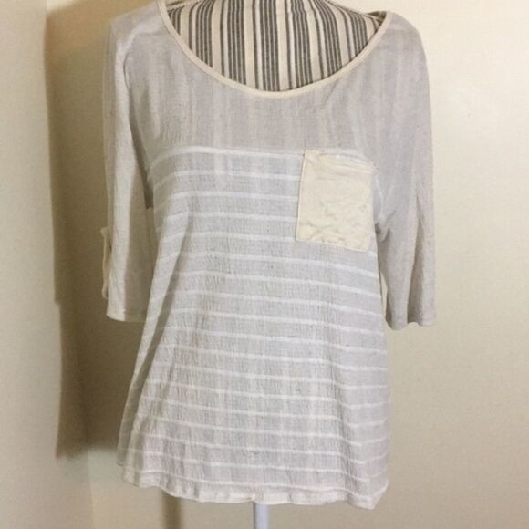 Banabee Blouse Cream White Striped Half Sleeve Top - Picture 1 of 7
